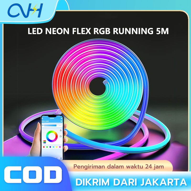 LED NEON FLEX PAKET LED NEON FLEX RGB RUNNING 5M METER DC 12V/24V SENSOR SUARA APP Control + Adaptor