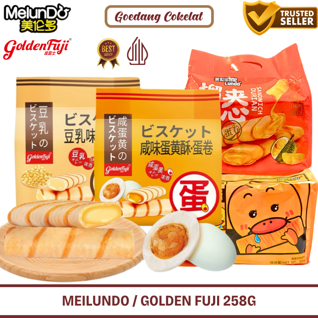 

Golden Fuji Egg Roll Meilundo Sandwich Crispy Salty Egg Yolk Cookies Kukis Rasa Telur Asin Soy Bean Durian 228g / 258g