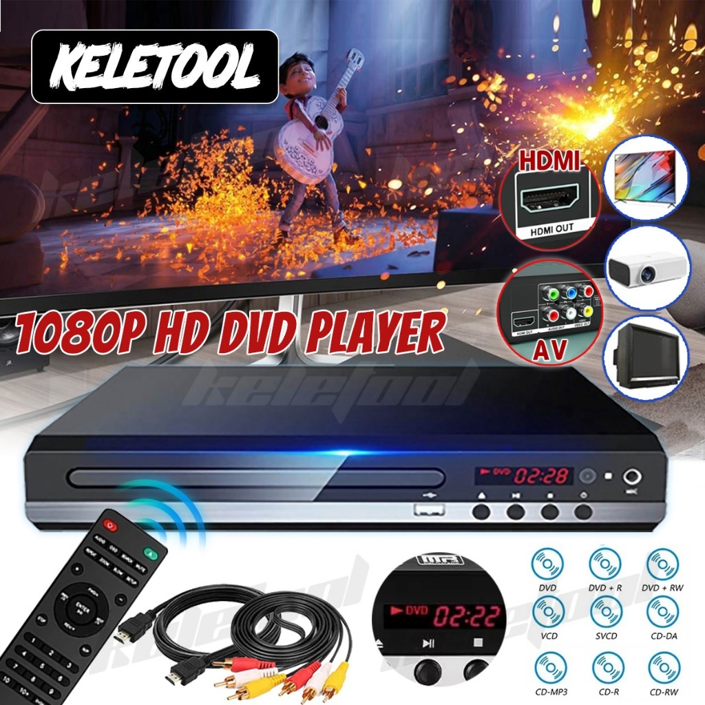 Keletool 1080P Pemutar HD DVD Player dengan HDMI dan AV Mendukung DVD, SVCD, CD, VCD