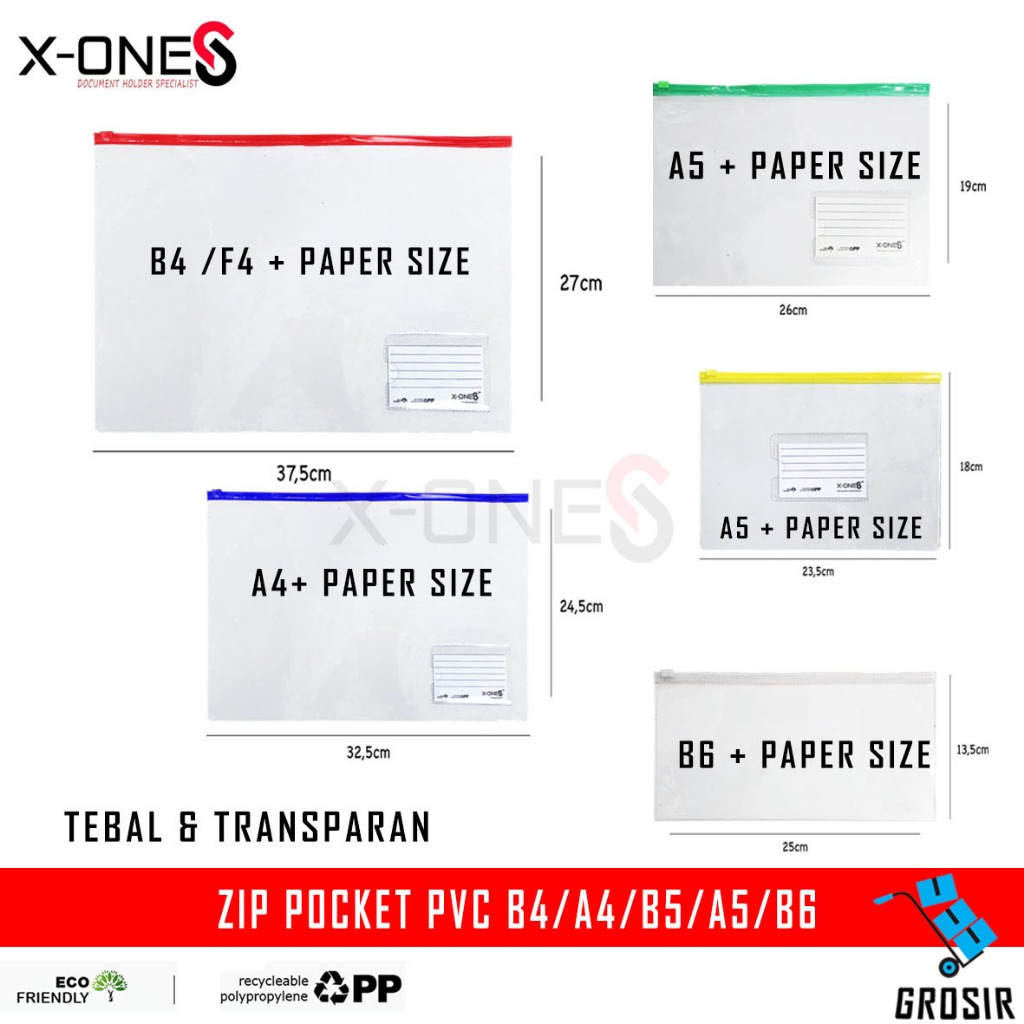 

X-ONE - (6 PCS) ZIPPER POCKET PVC MIKA TEBAL + KARTU NAMA B4 F4 A4 B5 A5 B6 / POCKET PVC (GROSIR 6)