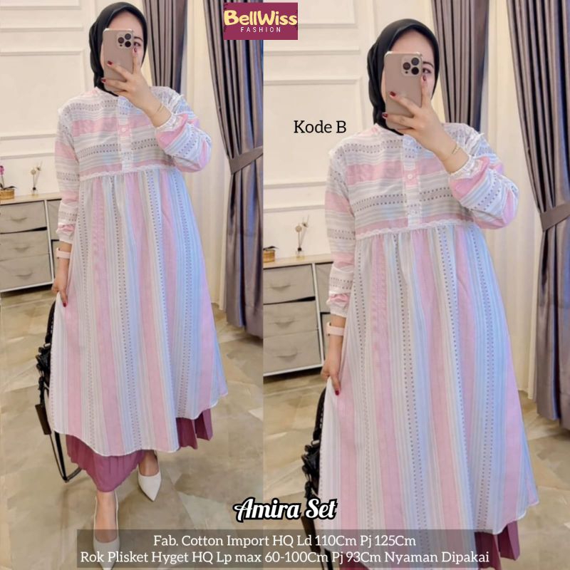 Setelan Trendy Masa Kini Amira Set Tunik Dan Rok Plisket
