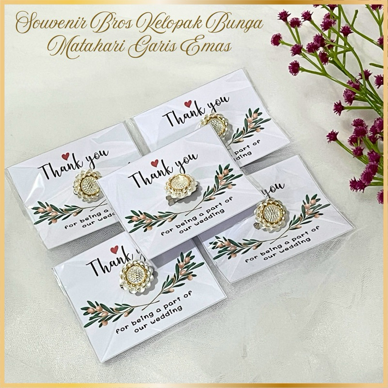 Souvenir Pernikahan Bros Kelopak Bunga Matahari Garis Emas/Sofenir Suvenir Wedding Tuspin Hijab Mura