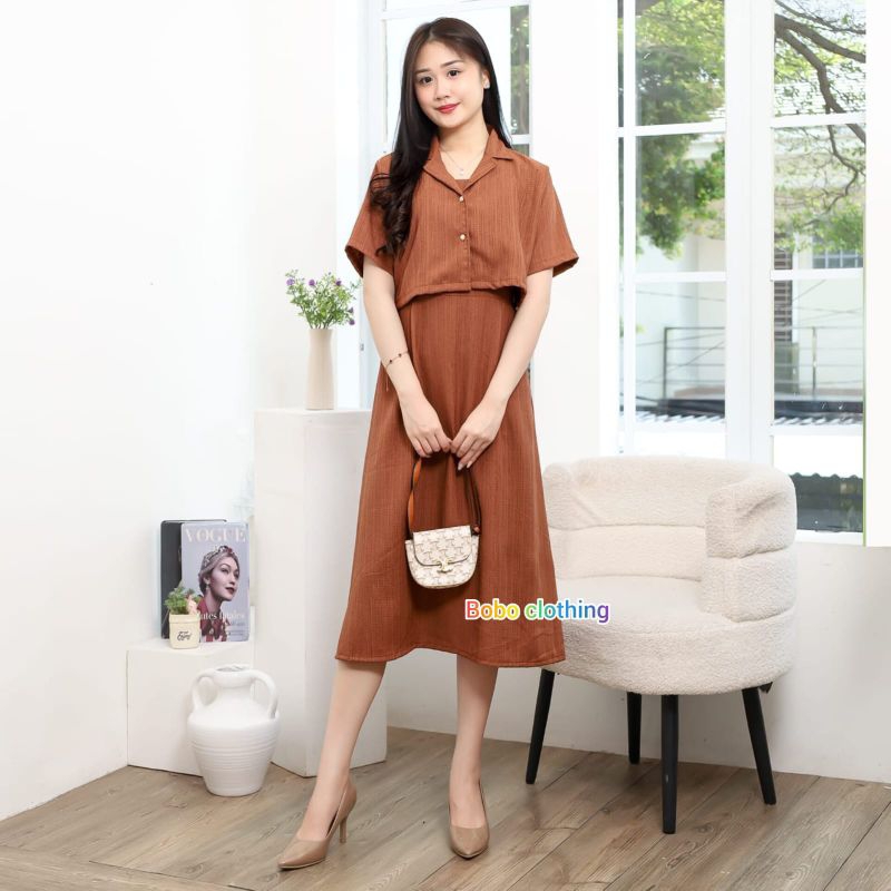 Hari Set 2in1 Midi Dress Blazer / Blazer Crop Kancing & Dress Midi Polos