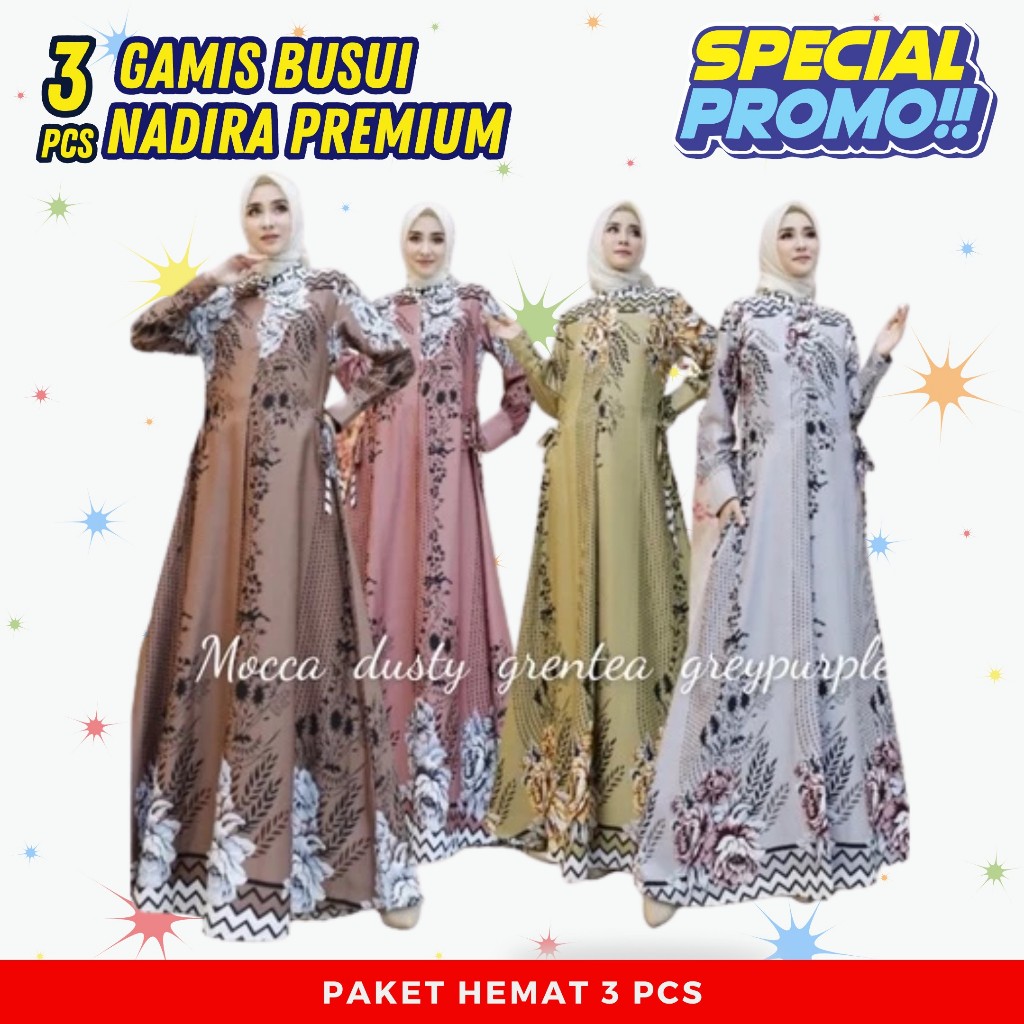 Paket 3PCS Gamis Nadira Jumbo LD110 – Cuma 100RB | Hyget Premium, Busui Friendly