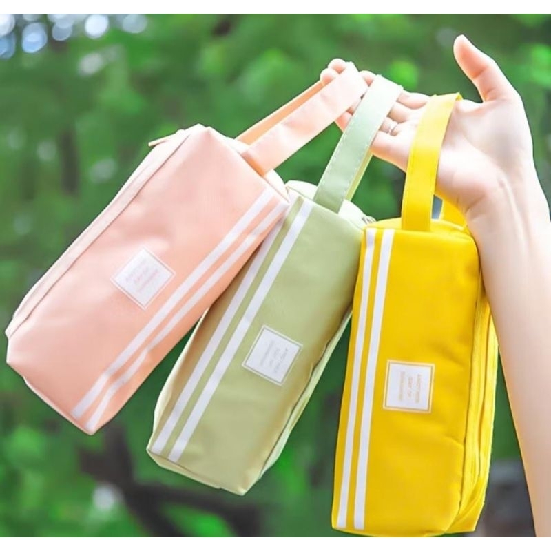 

Tempat Pensil kapasitas besar bahan kain Oxford Pouch penyimpanan dua lapis tas kosmetik