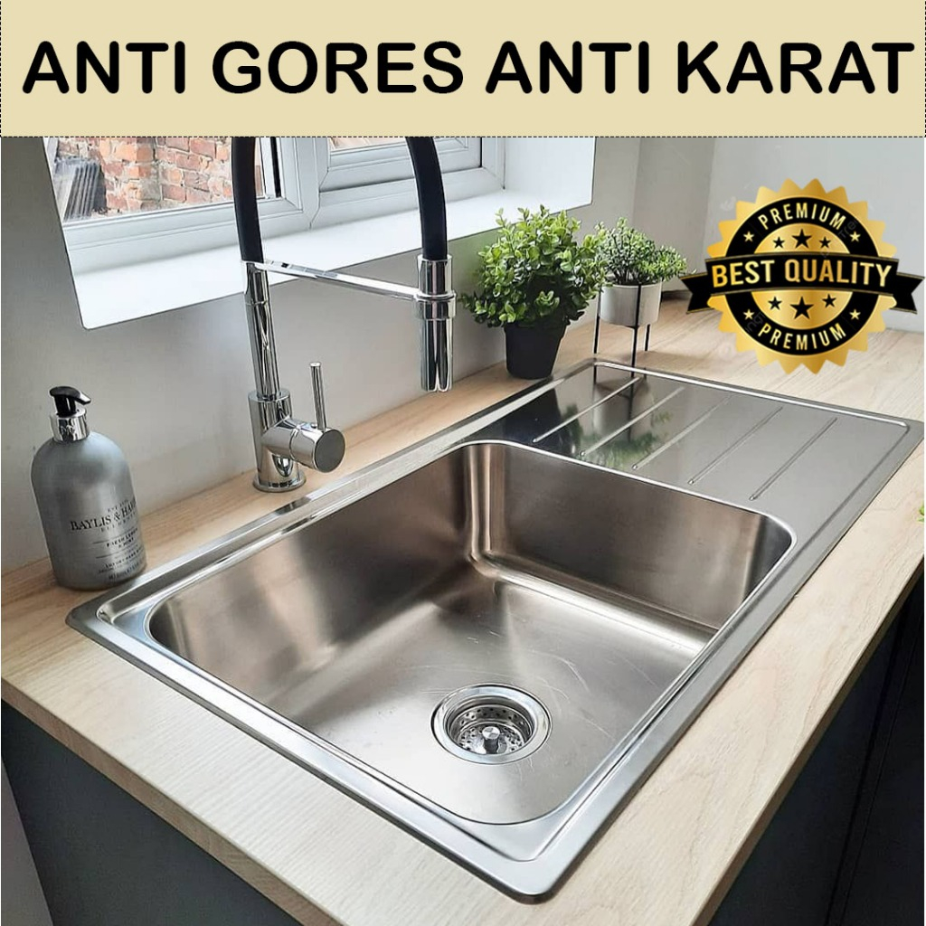 Bak Cuci Piring Wastafel Tempat Cuci Piring Sink Stainless Steel Dapur Tebal Satu Lubang Anti Karat 