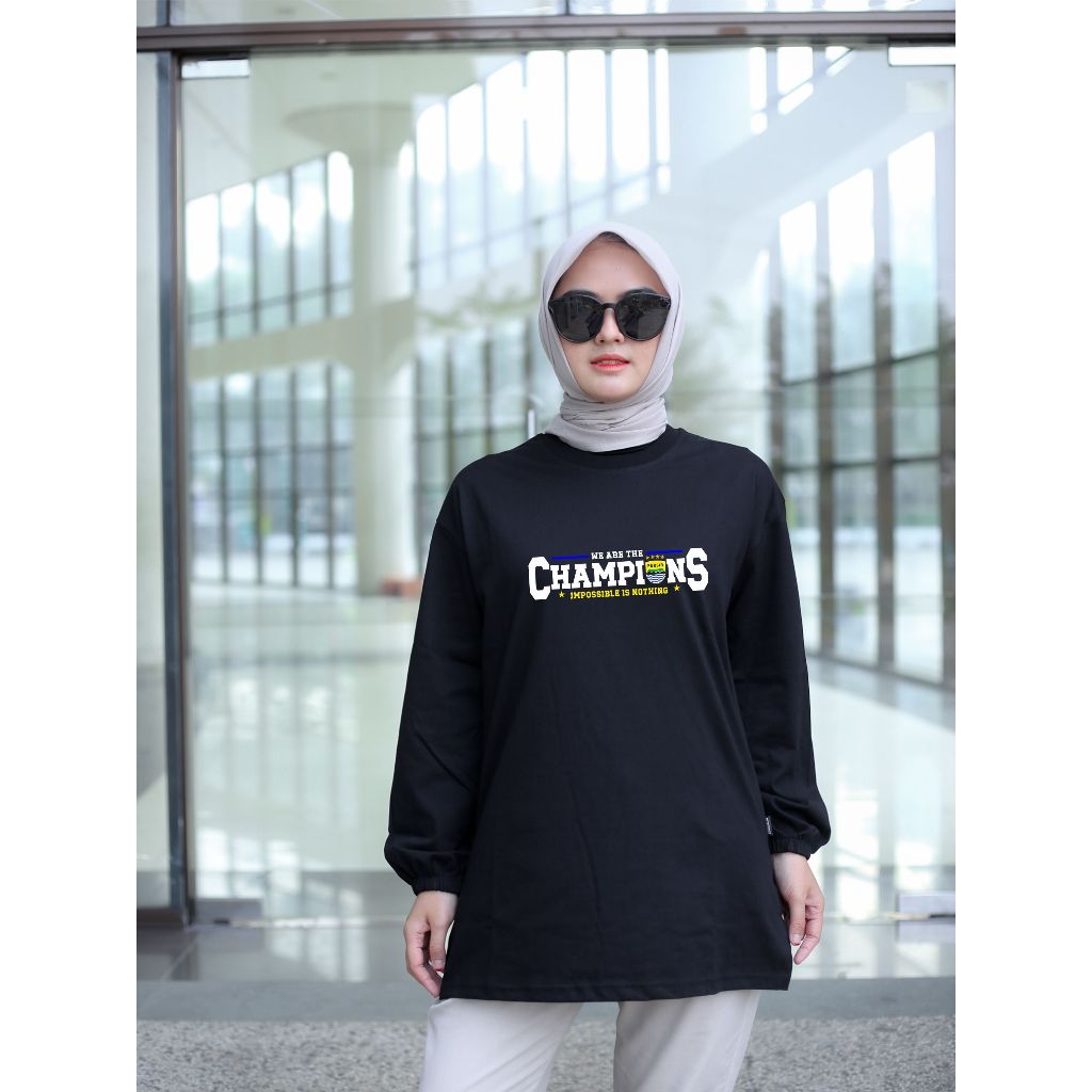 KAOS PERSIB CHAMPION BACK2BACK OVERSIZE WANITA LENGAN PANJANG KERUT SABLON DTF KAOS JUMBO BAHAN KATU