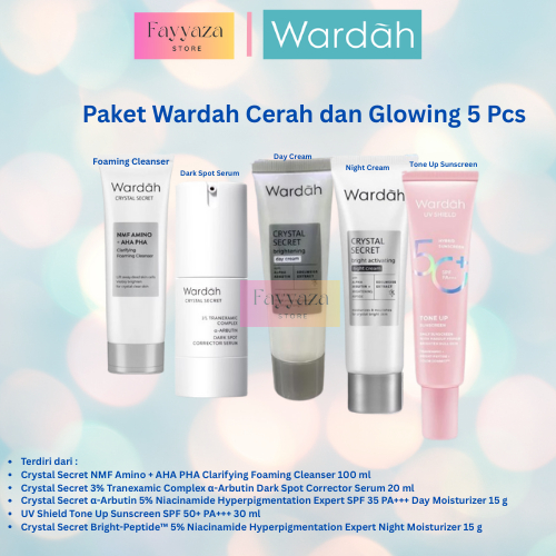 [Isi 5Pcs] Wardah Paket Cerah dan Glowing Crystal Secret Foaming Cleanser Dark Spot Serum Day Cream 