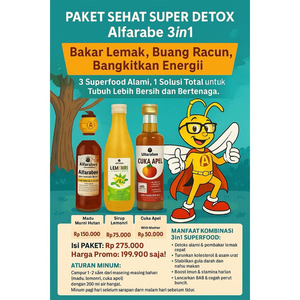 

Paket Detoks 3in1 Alfarabee : Ramuan Ajaib Madu Murni & Lemon & Cuka Apel/Cuka Nanas