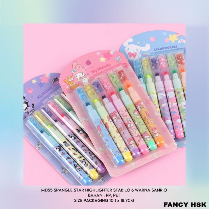 

KOREA SPANGLE STAR HIGHLIGHTER STABILO 6 WARNA SANRIO MY MELODY KUROMI CINNAMOROLL MD55