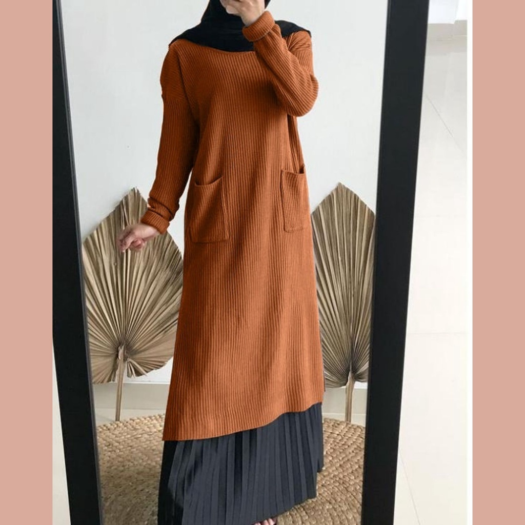 Anaya Long Tunik  Saku Atasan Wanita Remaja Jumbo Bahan Rajut Premium Tebal Import Terbaru Fit to XL