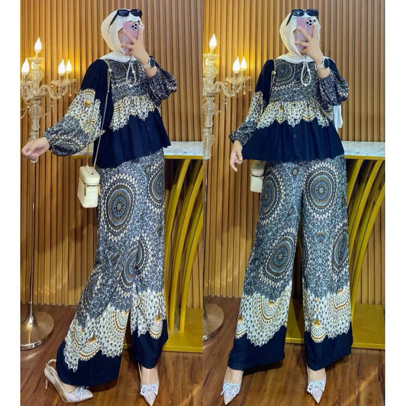 Maura Set / Setelan Celana Kulot Lengan Balon Viral / OneSet Rayon Motif Terbaru / Setelan Jumbo Len