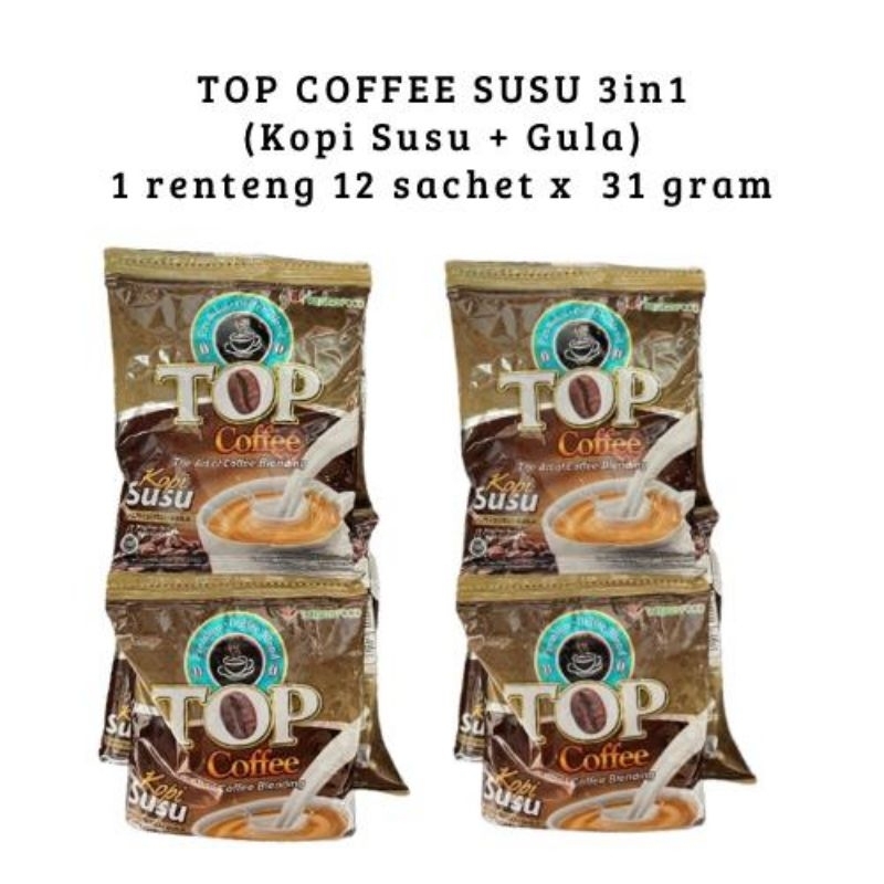 

TOP COFFE SUSU 3in1 (Kopi Susu + Gula) 1 Renteng isi 12 sachet x 30Gr
