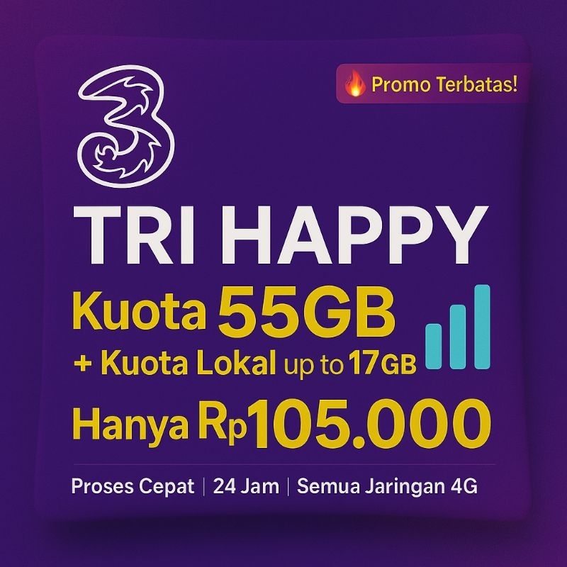Kuota Tri | Paket data Tri Isi Ulang Kuota Tri | INTERNET TRI HAPPY 55GB + Lokal up to 17GB | Cuma 1