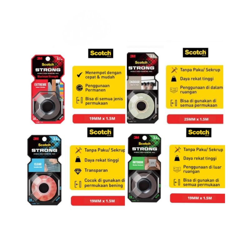 3M SCOTCH STRONG DOUBLE SIDED MOUNTING TAPE EXTREME INDOOR OUTDOOR CLEAR DOBEL TIP BUSA HITAM PUTIH 