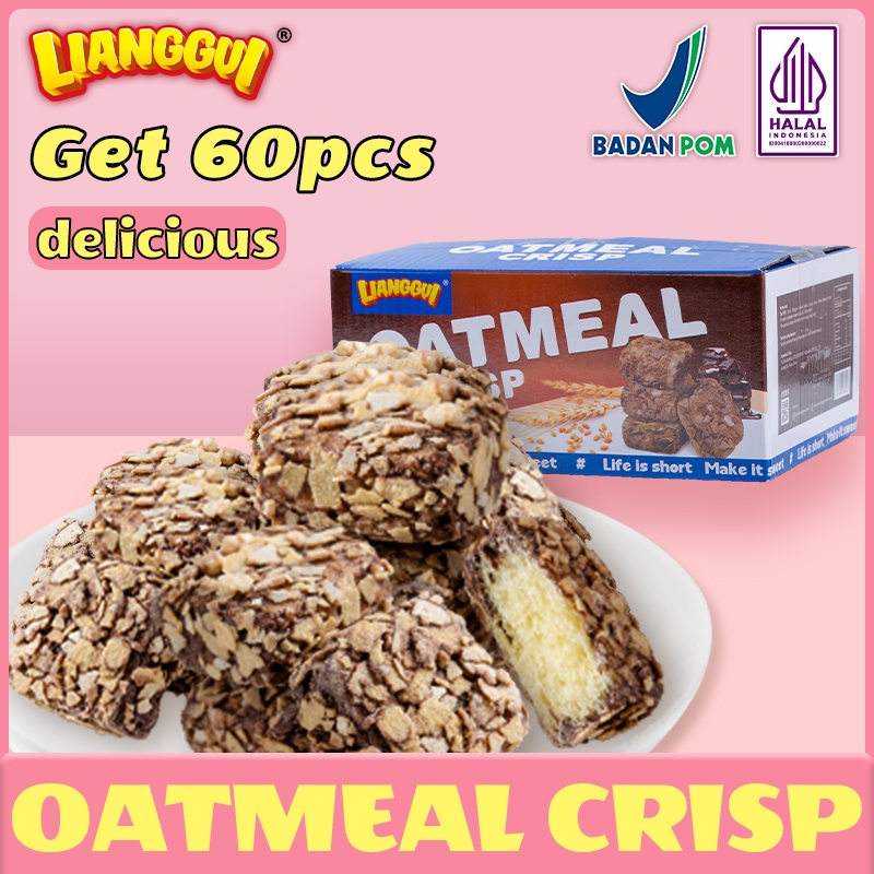

30+30pcs Oatmeal Crisp Halal Rasa Cokelat, Biskuit Gandum Sehat Cocok untuk Teh Sore Kantor Lianggui