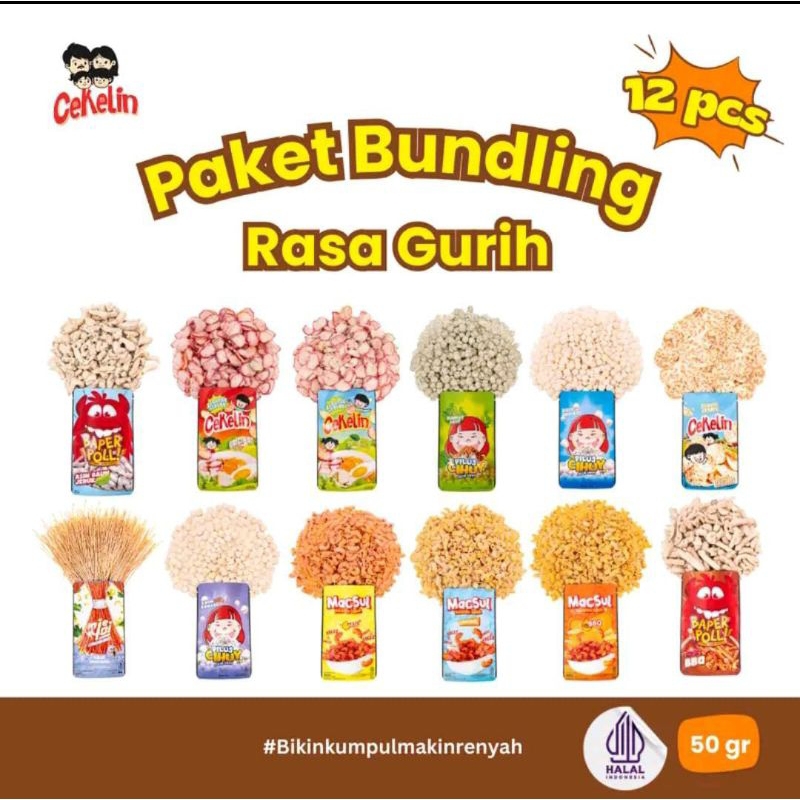 

CEKELIN cemilan paket bundling 12 pcs Makaroni Mie lidi Basreng Keripik Tempe Pilus Kerupuk Seblak