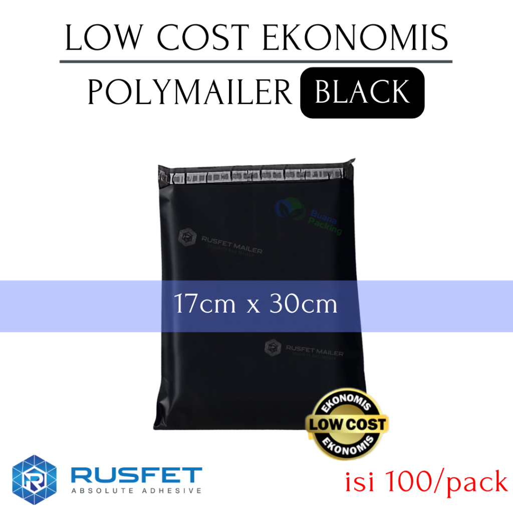 

RUSFET LOW COST POLYMAILER HITAM - PLASTIK PACKING OLSHOP POLIMAILER SUPER EKONOMIS 17x30