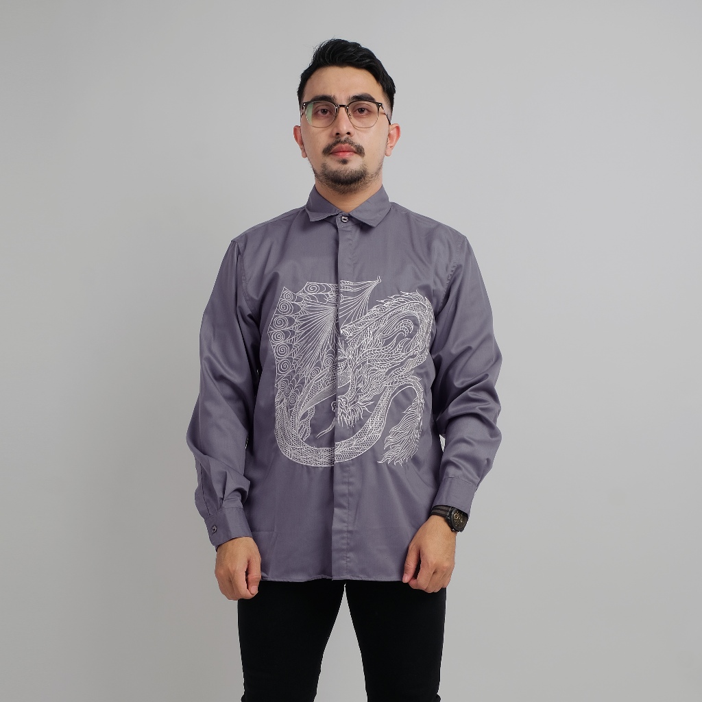 PAKAJI Kemeja Bordir Motif Naga Lilac Panjang 1906
