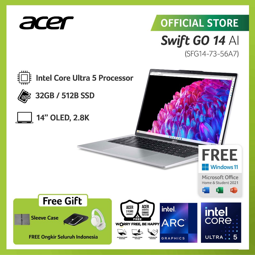 (MOUSE PORSCHE & HEADSET) ACER LAPTOP SWIFT GO 14 WITH AI SFG14-73-56A7 14" OLED INTEL CORE ULTRA 5 