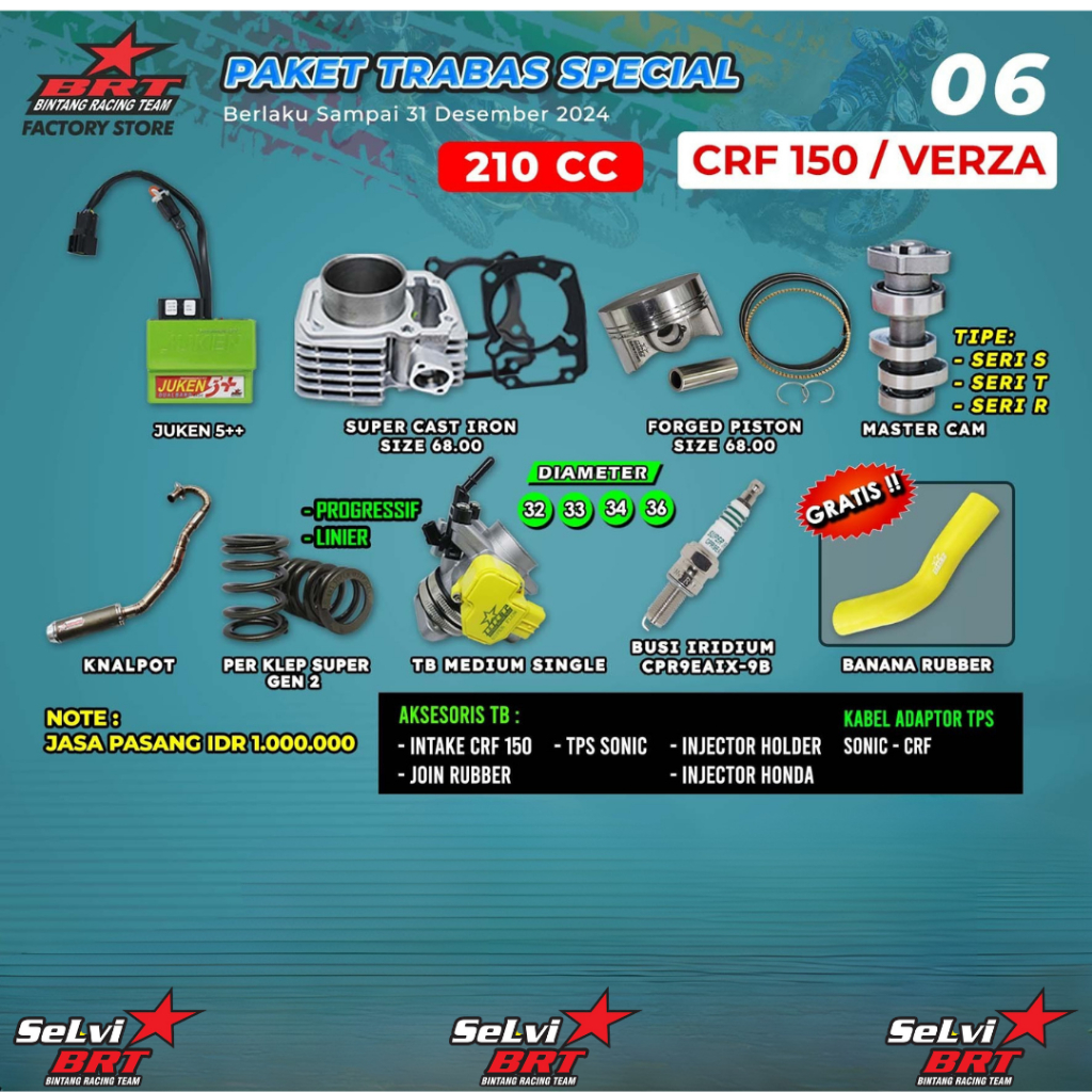 PAKET TRABAS BRT BLOK CAST IRON SET PISTON 68.00 MM ECU JUKEN 5++ MASTER CAM NOKEN AS BUSI IRIDIUM T