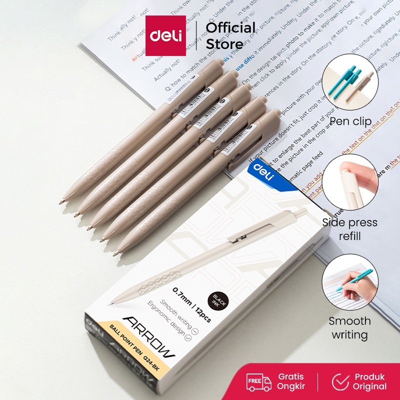 

Deli Ballpoint Pen / Bolpoin Pulpen 0.7mm Tinta Hitam Biru Merah Isi 12 pcs Untuk Penulisan Halus Retracable EQ24