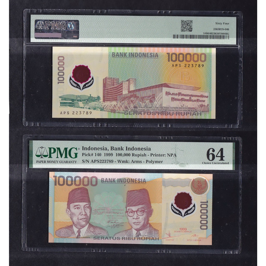Uang kuno polymer PMG 64 - 100000 Rupiah tahun 1999 ...  S/N APS223789