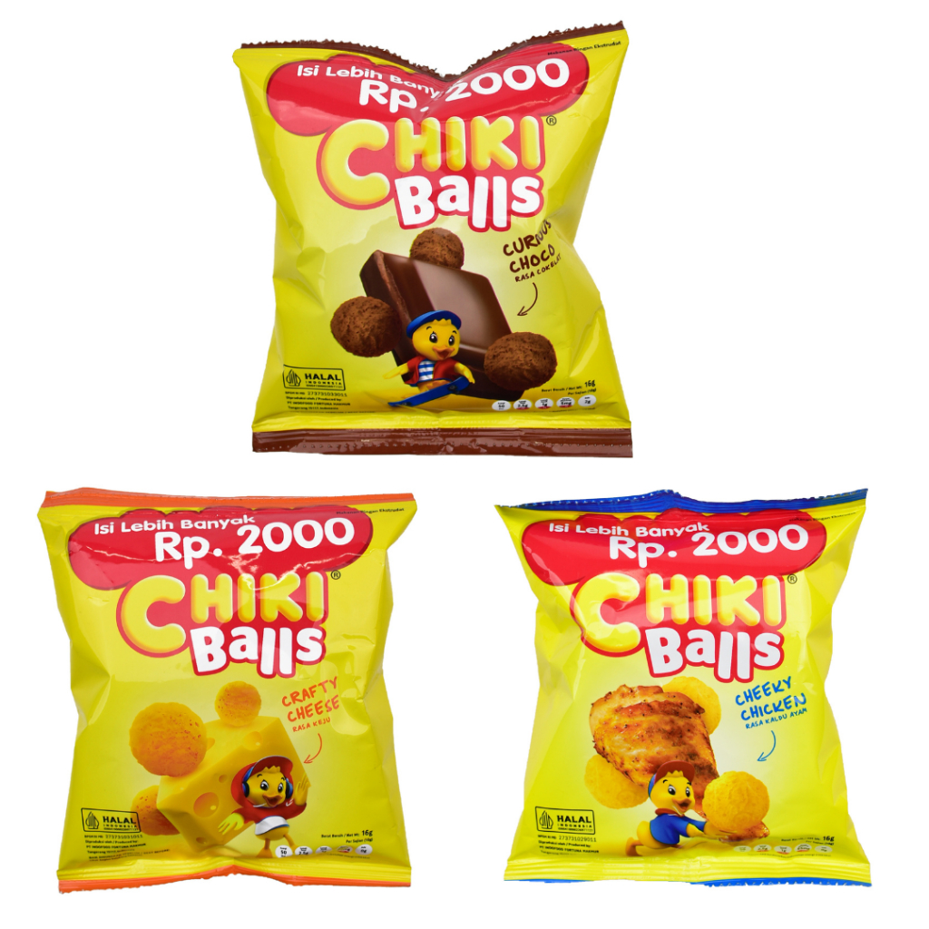 

Chiki Balls Keju Crafty Cheese / Ayam Cheeky Chicken / Chocolate Curious Choco 16 gr Isi 1 Renteng Renceng 10 pcs
