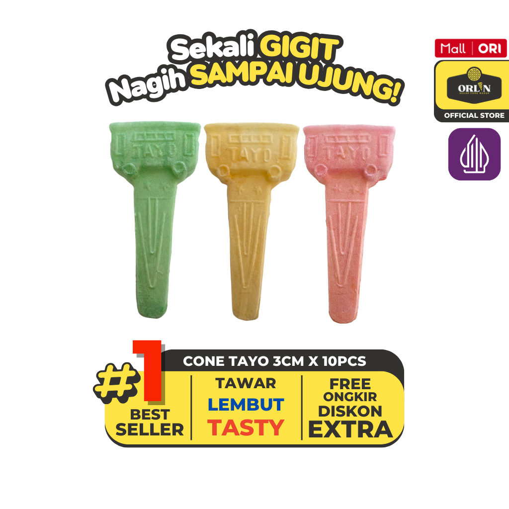 

ORLIN Tayo Cone Karakter Tawar 5,5cm x 3cm x 11cm Isi 10 Pcs Sekali Gigit, Nagih Sampai Ujung