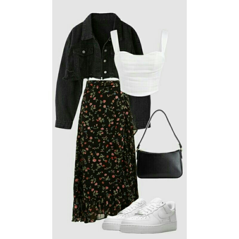 set outfit kekinian-jaket dinem crop dan rok midi florall