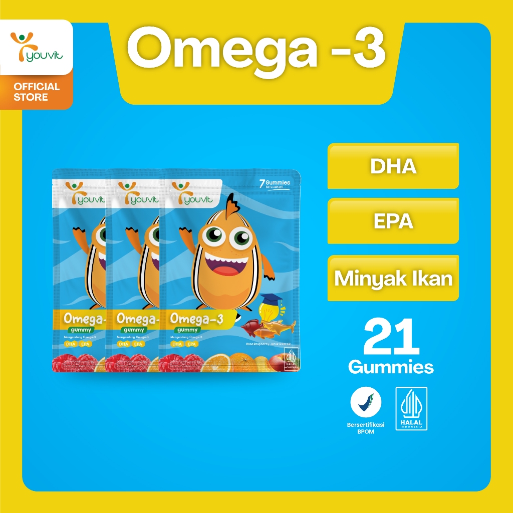 Youvit Omega 3 Anak 3 Sachet (21 Hari) untuk Otak, Mata Anak (Vitamin Otak Anak) | Kecerdasan Anak