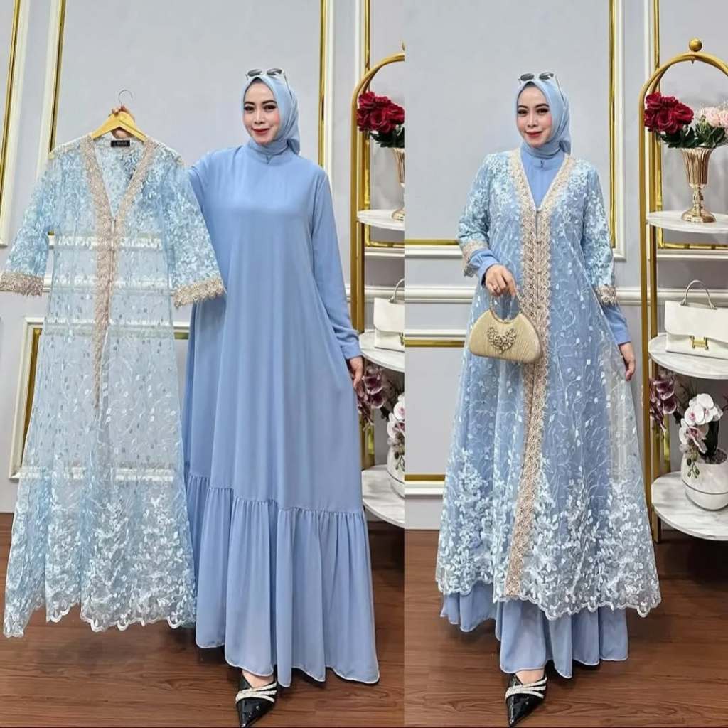 Gamis Set Outer Brokat Lestari BL Size M L XL XXL XXXL LD 100-130 CM Bahan Ceruty Babydoll Mix Bruka