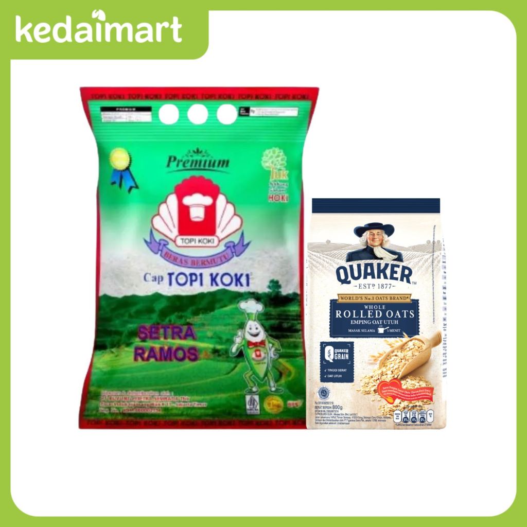 

Beras Putih Premium Setra Ramos Cap Topi Koki 5 Kg + Quaker Rolled Oat 800 Gram