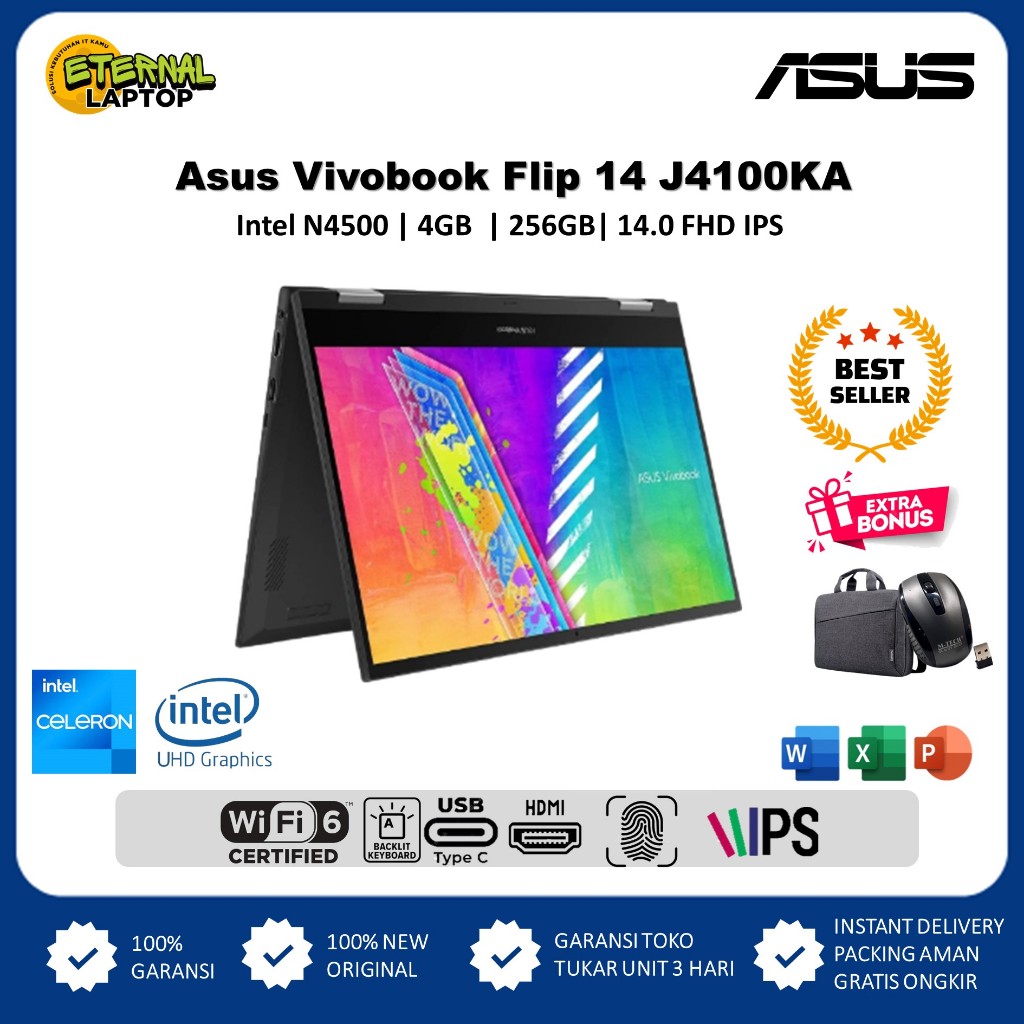 Asus VivoBook Go 14 Flip J1400KA Intel N4500 Ram 4GB 512GB SSD 14.0 FHD IPS Touch Win 11 Blue
