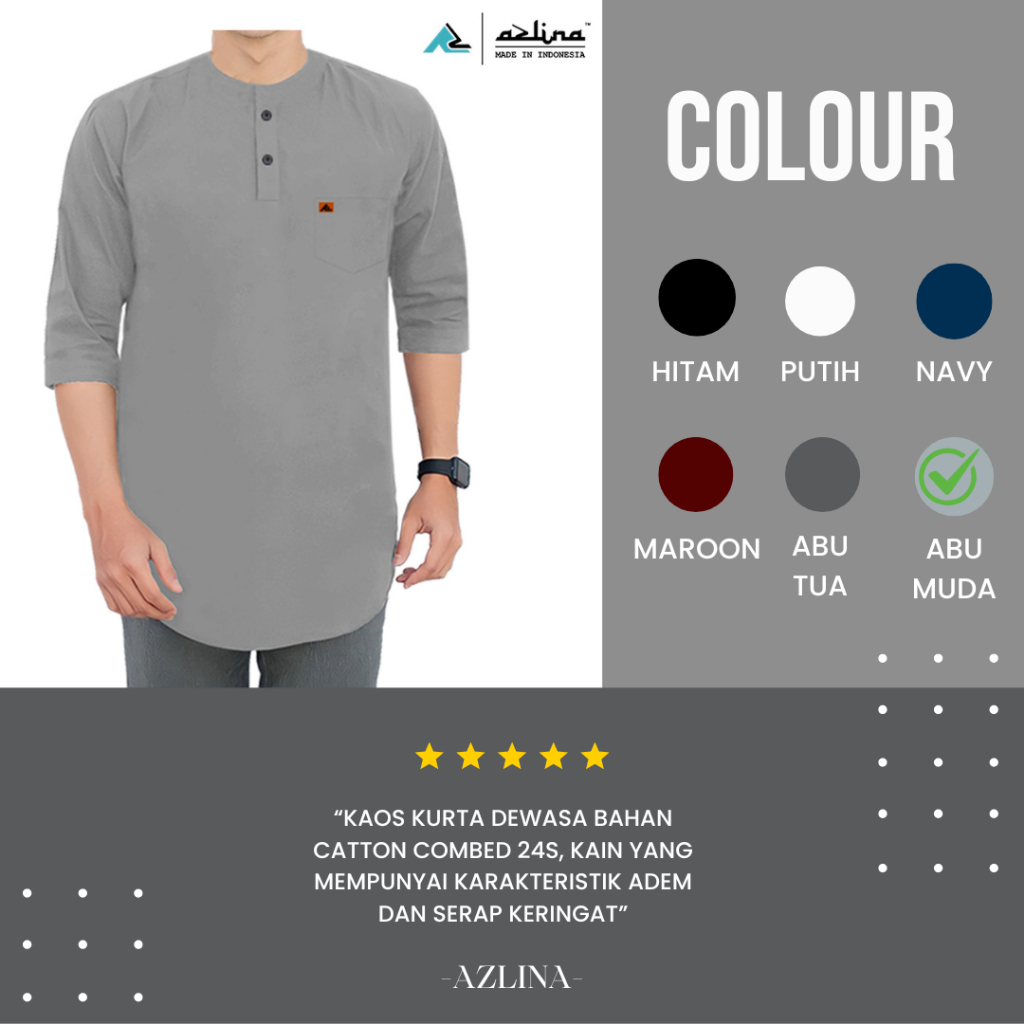 Koko Bahan Kaos Cotton Combed 24S Model Kurta Lengan 3/4 Pria Dewasa dengan Kantong Saku Atas Kiri