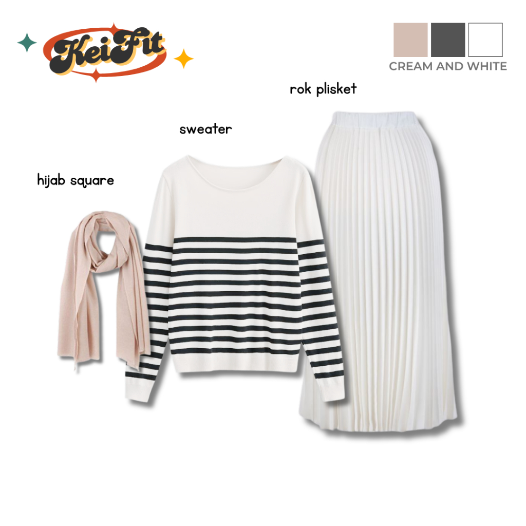 Vanah One Set | Outfit Korean Style | OOTD Hijab | OOTD | Sweater Knit | Rok Plisket |Pashmina