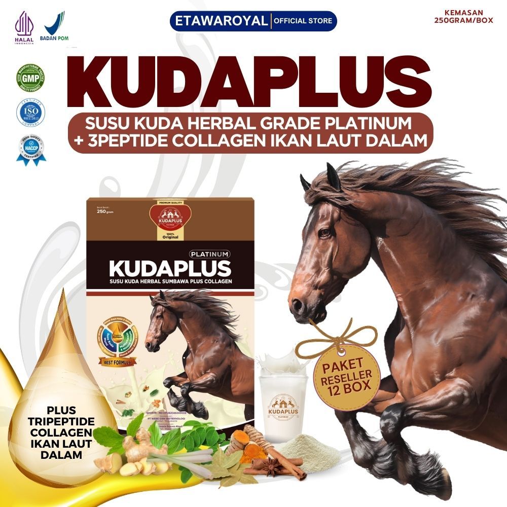 

Kudaplus Susu Kuda Lombok grade PLATINUM 100% Susu kuda liar Sumbawa Organik Plus Collagen Paket 12 Box