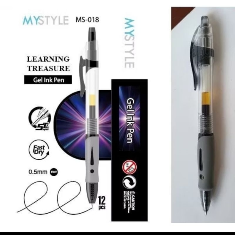 

12 Pulpen Gel MYSTYLE MS-018/Bolpoin MYSTYLE Hitam/Pulpen Gel MS-018