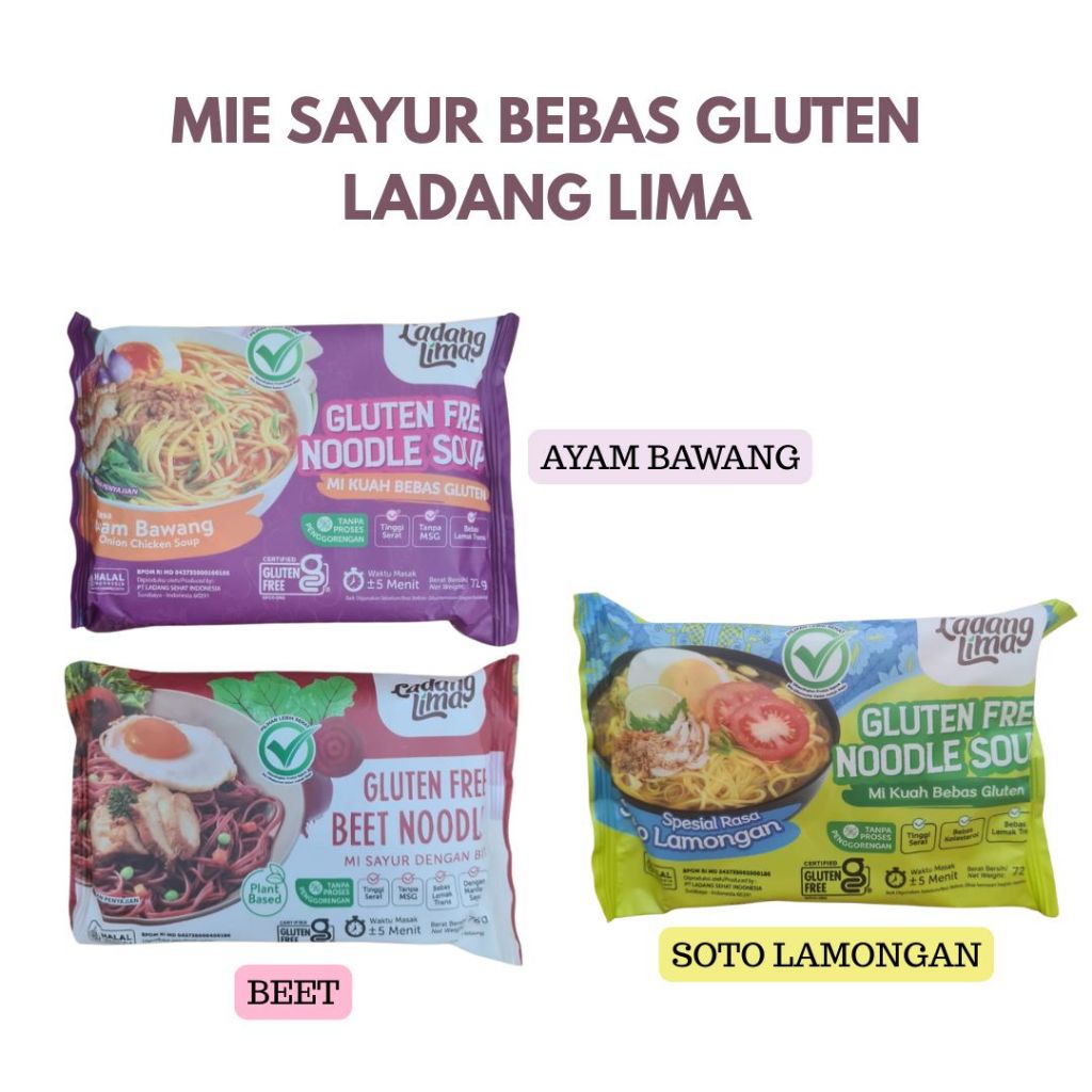 

Ladang Lima - Mie Sayur Instan Bebas Gluten Ayam Bawang / Soto Lamongan / Beet ( Gluten Free Noodle ) 76g