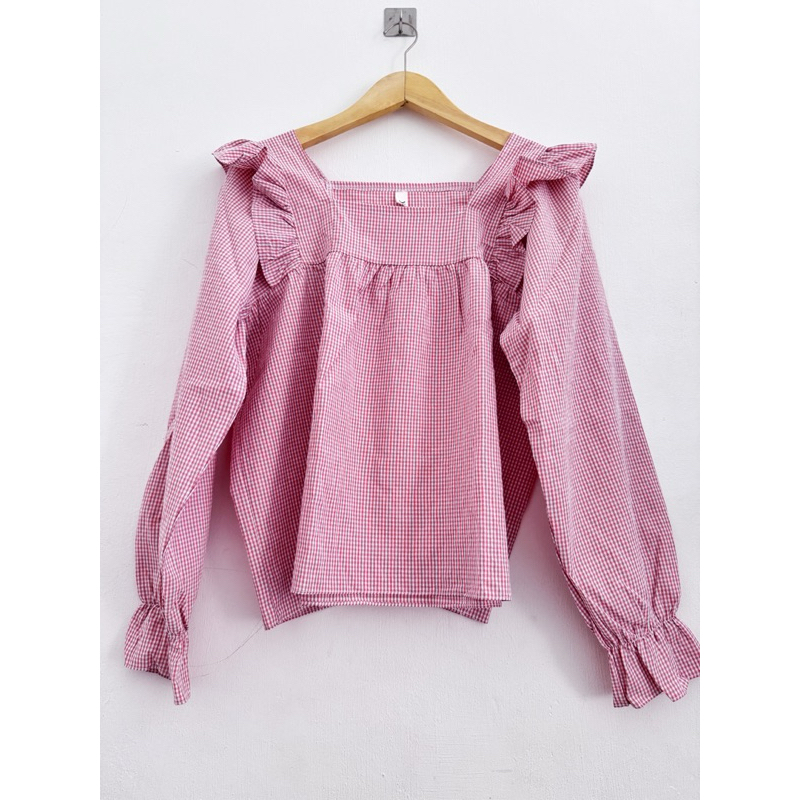 Blouse Wanita Pink Kotak2 Kecil Model sabrina