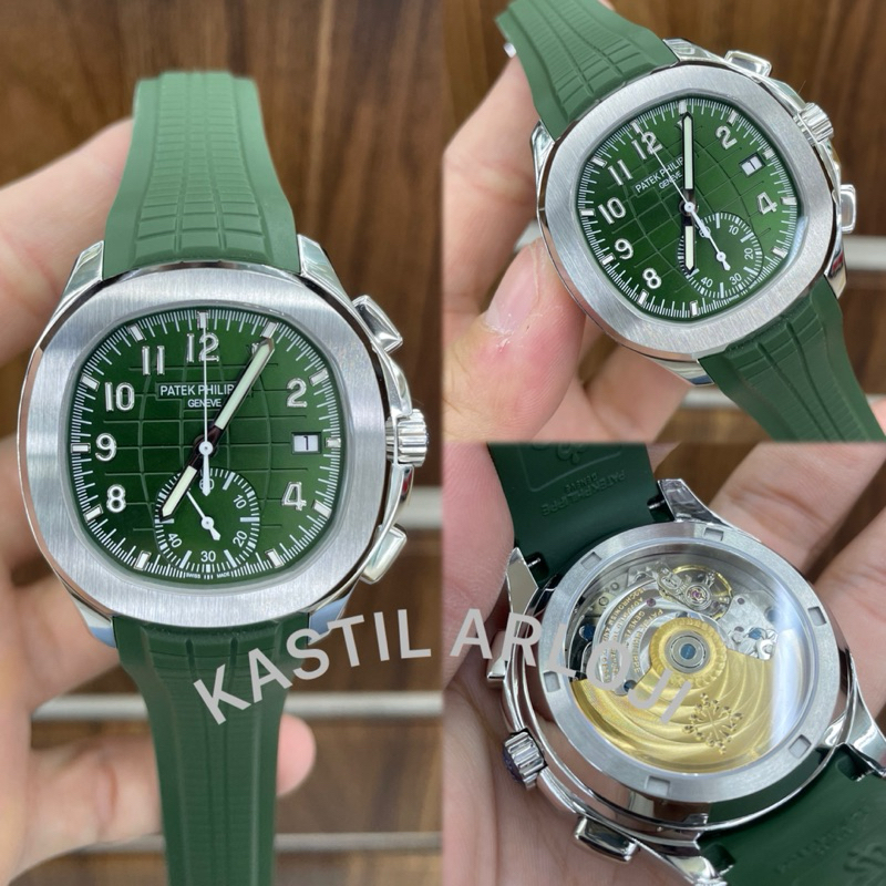 JAM TANGAN PRIA PATEK PHILIPPE AQUANUT 5968G RUBBER ARMY SILVER CHRONOGRAPH AUTOMATIC SWISS 42mm #Ja