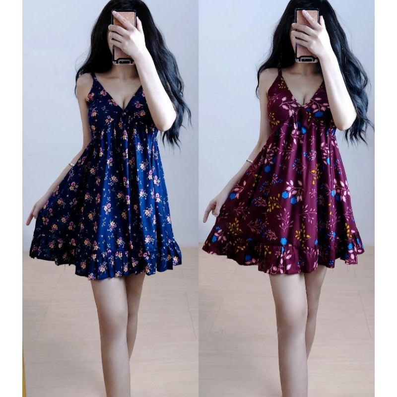 Homedress Korean dress Floral dress Dress tali pundak Bigsize Dress kemben Vneck Dress cantik Dress 