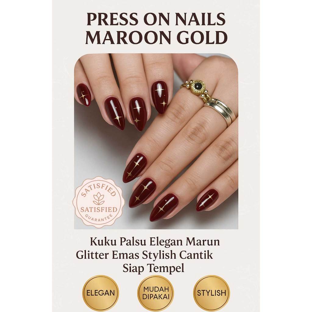 Press On Nails Maroon Gold – Kuku Palsu Elegan Marun Glitter Emas Stylish Cantik Siap Tempel