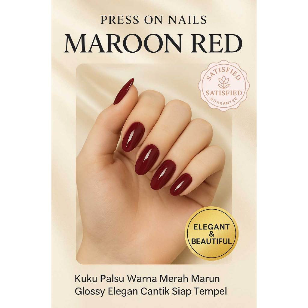Press On Nails Maroon Red – Kuku Palsu Warna Merah Marun Glossy Elegan Cantik Siap Tempel