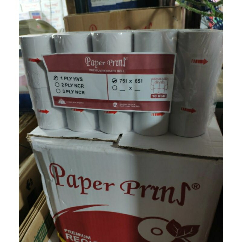 

kertas tellstrook register rol 1 ply (HVS) paperpryns 75x65 harga perdus isi 100 rol