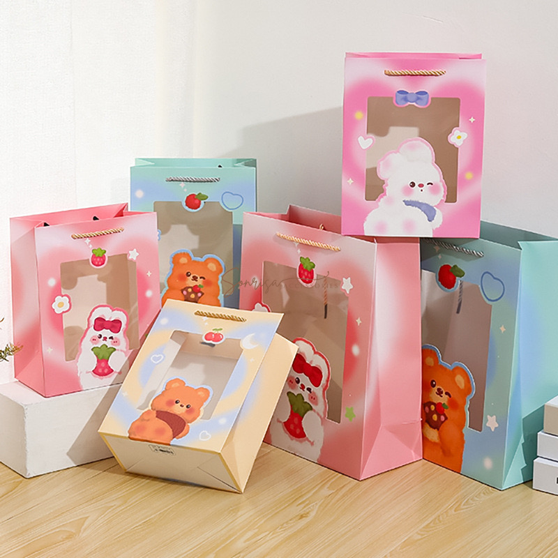 

Paper Bag Transparan Motif Lucu Gradasi Bear Rabbit / Paper Bag Plastik Aesthetic / Goodie Bag Tas Kado