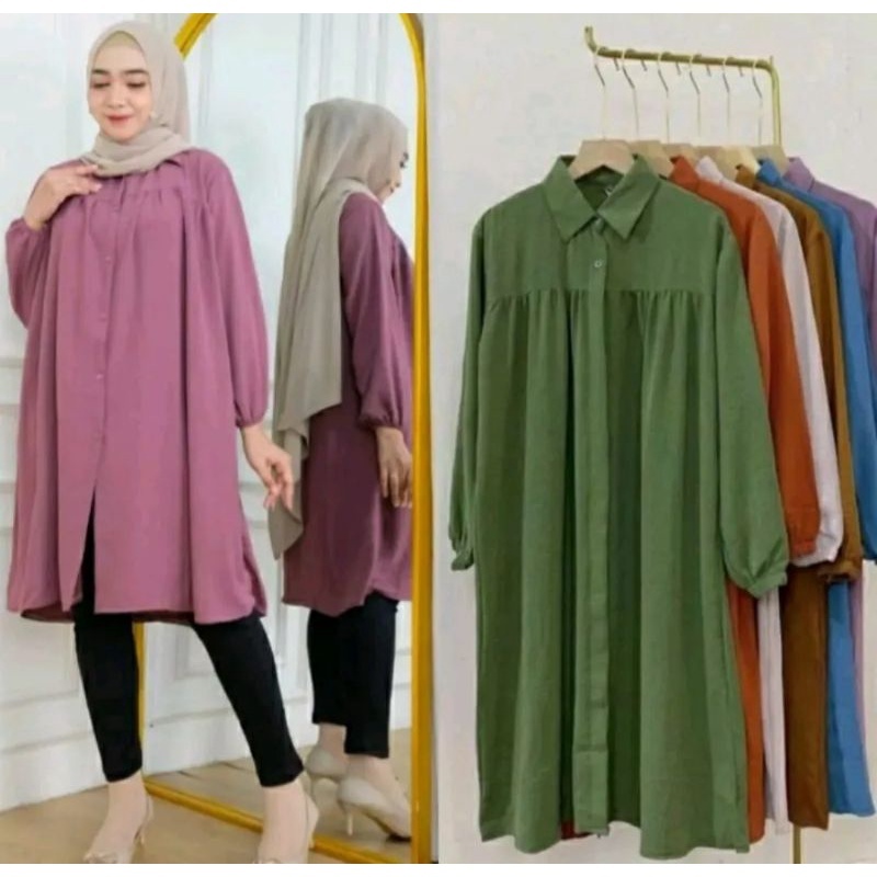 Tunik Jumbo Full Kancing Polos || Atasan Wanita Kemeja Basic Kancing Depan