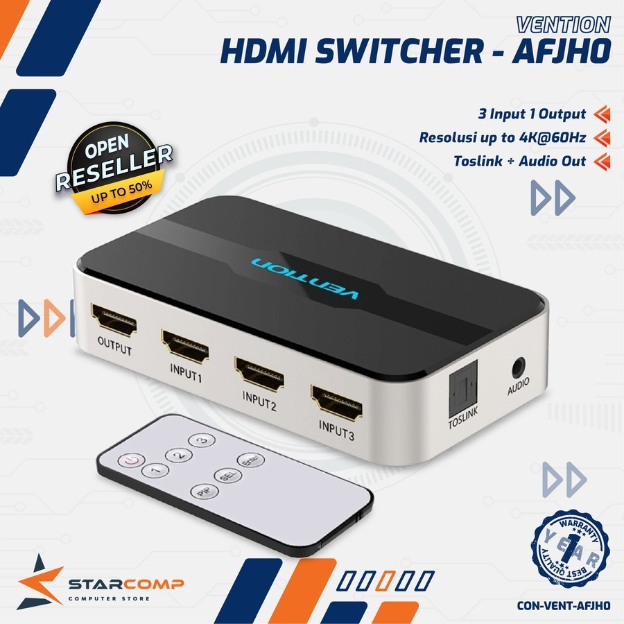 VENTION AFJ HDMI Switcher 3 Input 1 Output Aux Optical Plus Remote