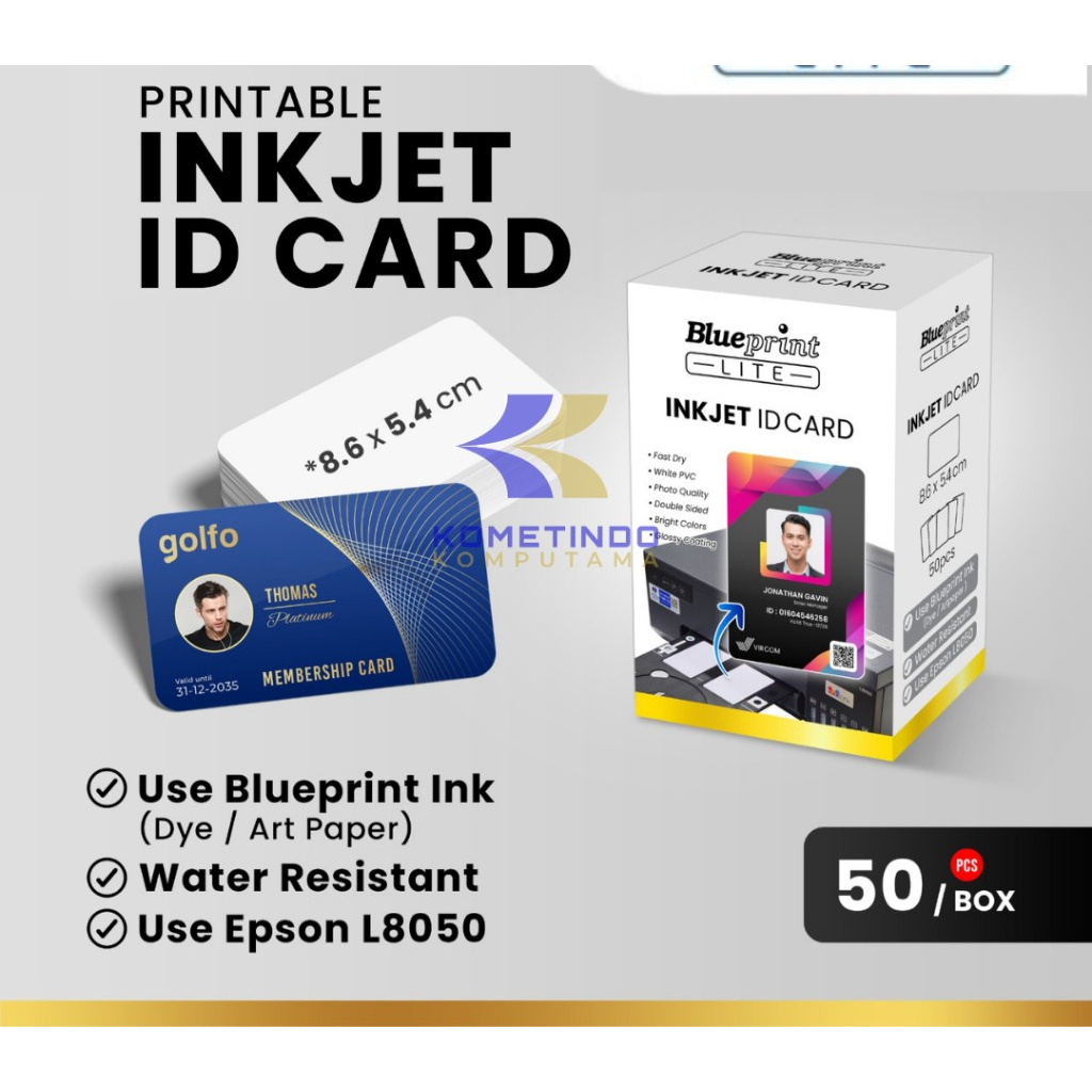 

50pcs/Box Kartu Printable Inkjet Id Card Blueprint 8.6x5.4 760 Mic U Epson L8050 L18050 Kemasan 1 Box