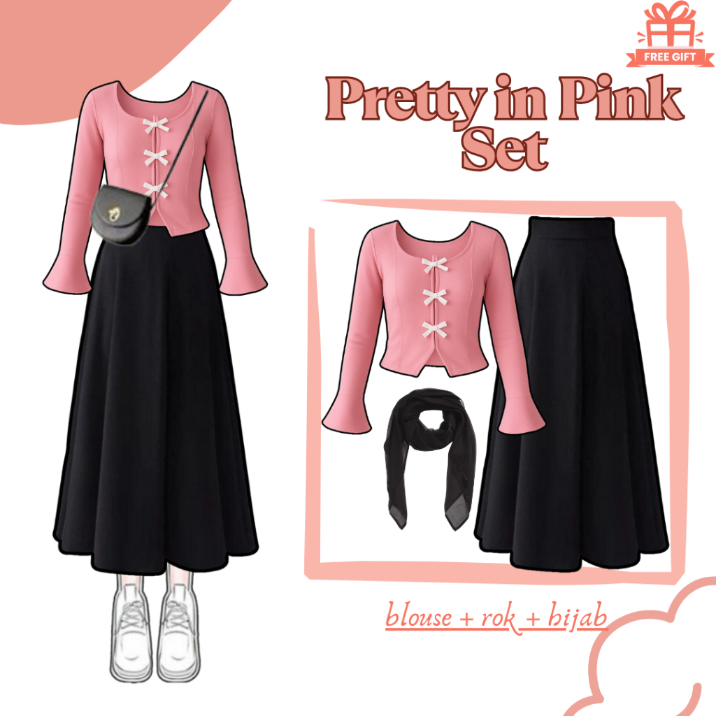 One Set Wanita Kekinian ( Blouse + Rok Mayung + Bella Square ) OOTD Korean Style Hijab DS64 Atasan W